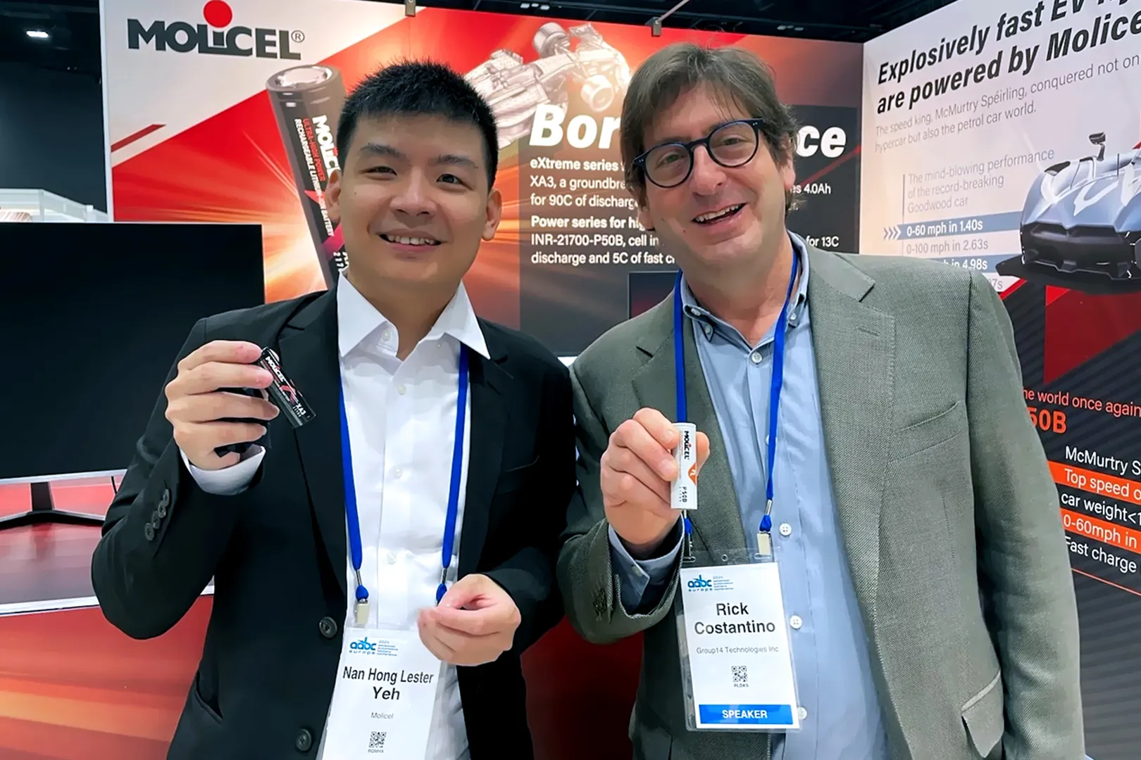 Molicel's Dr. Lester Yeh and Group14’s Dr. Rick Costantino at the Advanced Automotive Battery Conference, Strasbourg, France, 2024