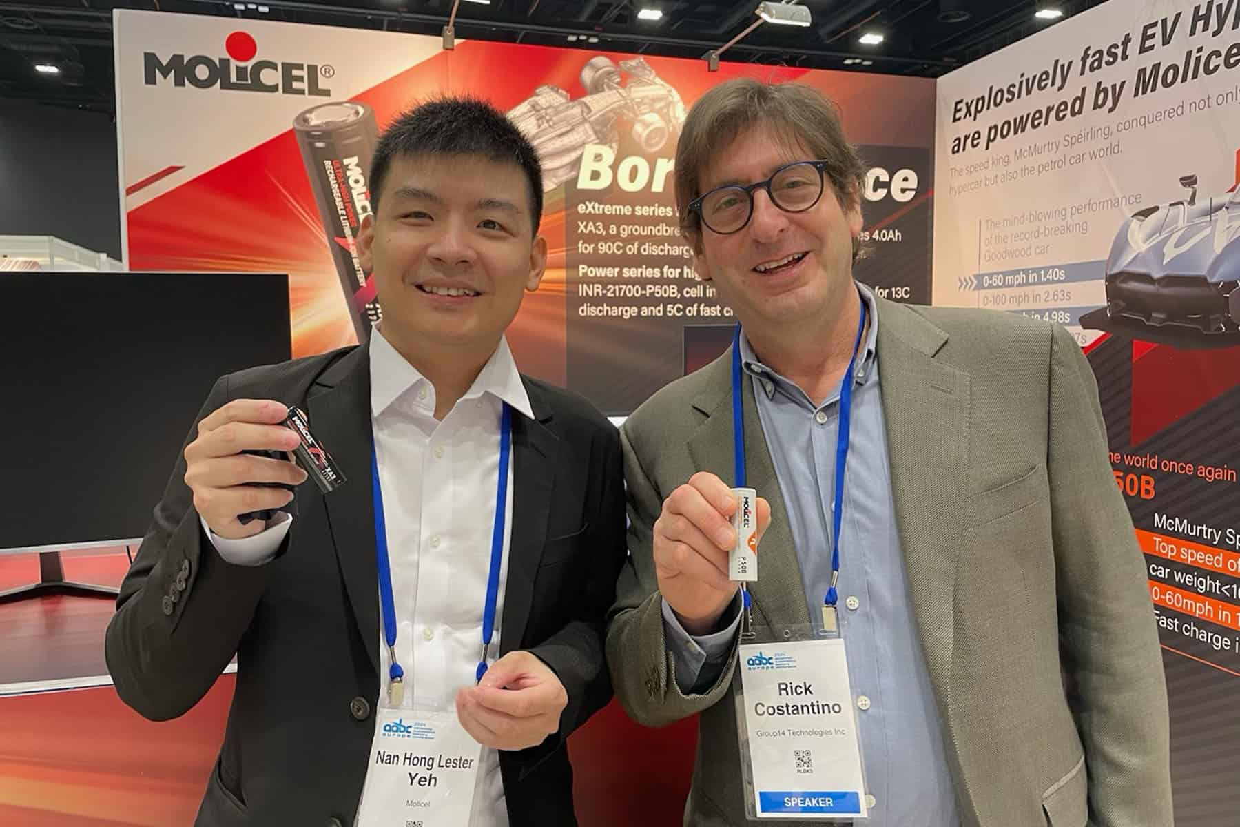 Molicel's Dr. Lester Yeh and Group14’s Dr. Rick Costantino at the Advanced Automotive Battery Conference, Strasbourg, France, 2024