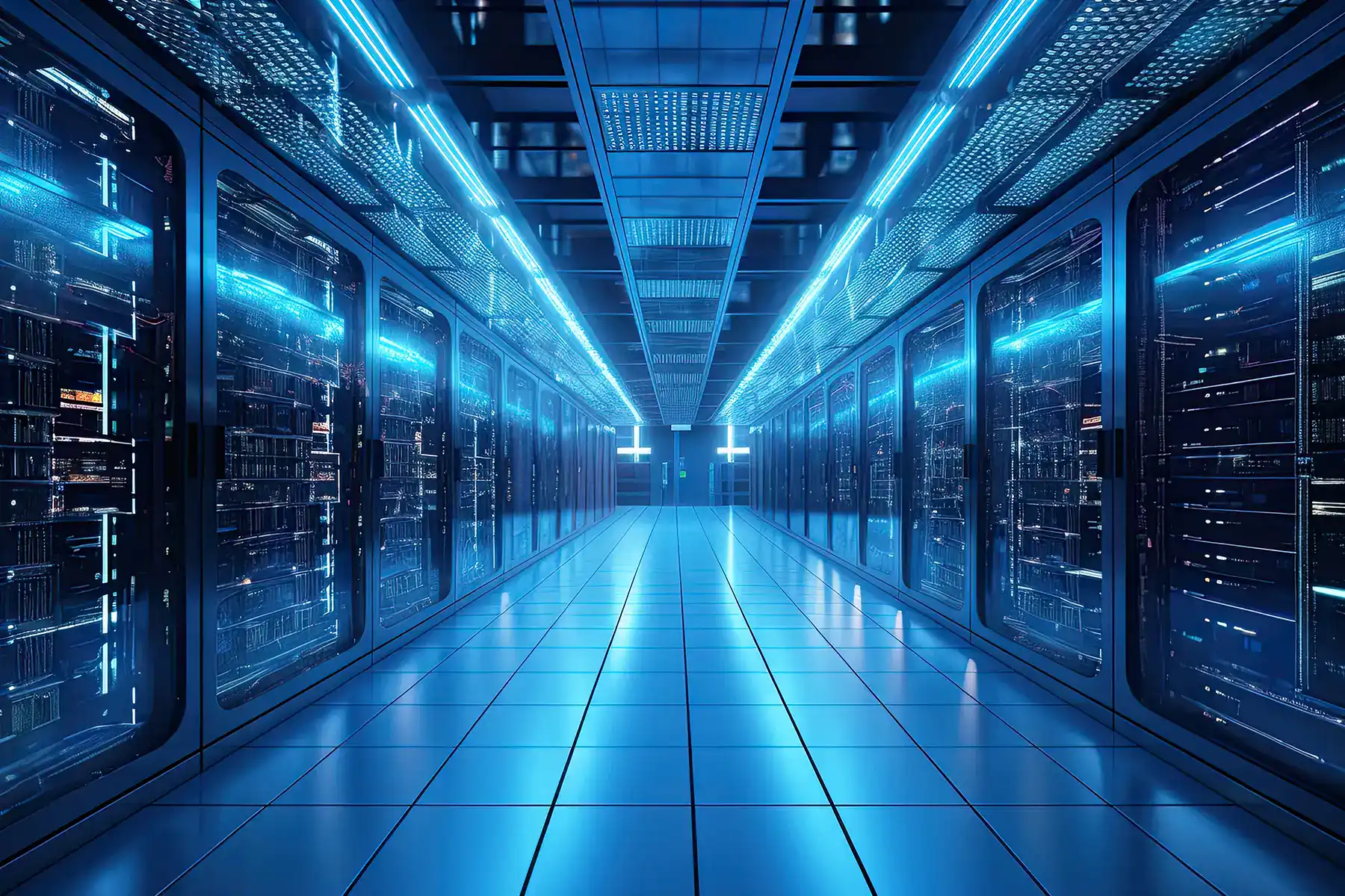 Futuristic data center with glowing blue server racks, suggesting high-performance computing or AI infrastructure.